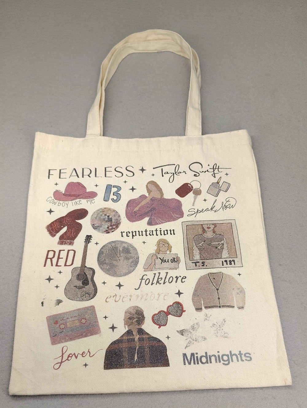 Taylor Swift Cream Tote with Multi-Album Graphic Icons